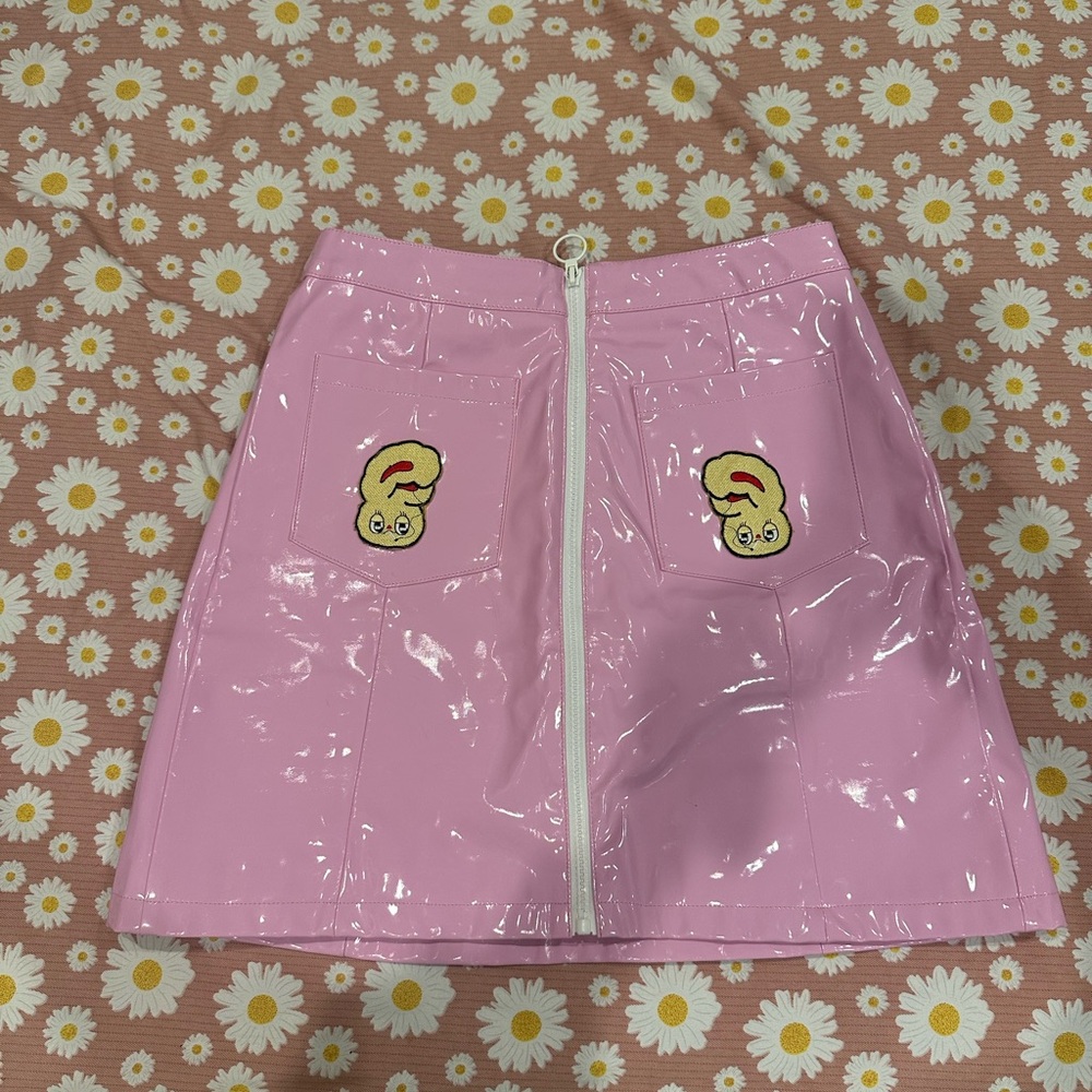 Lazy Oaf Pink Vinyl high waisted Skirt with Cartoon Details